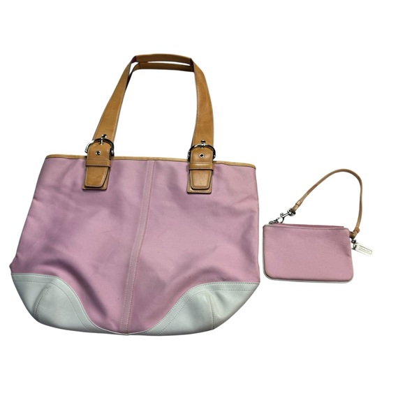 Vintage COACH 5174 Soho Daisy Canvas Leather trim Pink/Tan Tote Bag & Wristlet - Picture 1 of 15